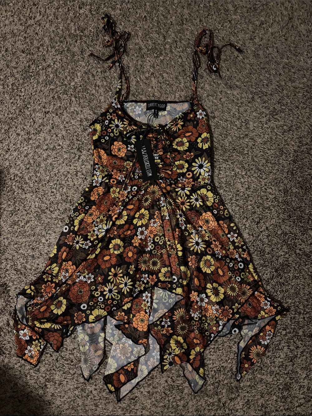 Dolls Kill Black Floral Handkerchief Dress with Lace-Up Front